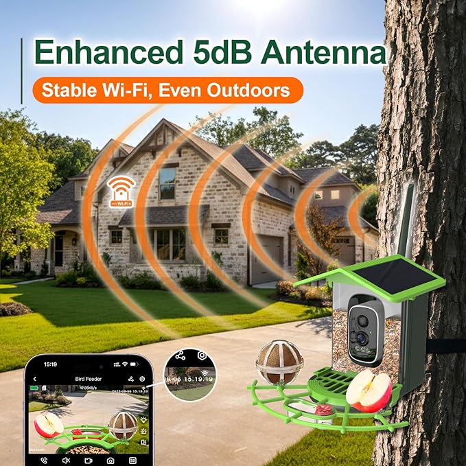 Smart Bird Feeder with Camera – 2K Live View, AI Bird Recognition, Squirrel-Proof, Dual Solar Roof, 5dB Antenna, Instant Alerts for Nature & Wildlife Lovers, Green