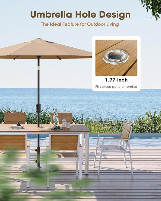 Outdoor Patio Dining Set for 6, Aluminum 7 Piece HDPE Patio Table and Chairs Set with Umbrella Hole, Modern Rectangular Patio Furniture Set with All-Weather Table & 6 Chairs (White & Teak)
