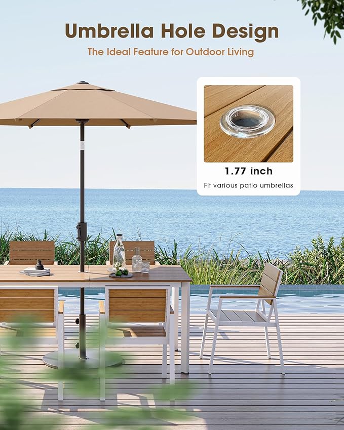 Outdoor Patio Dining Table, Aluminum & HDPE Outdoor Table with Umbrella Hole, All-Weather for Deck, Garden, Lawn, Backyard, Poolside and Indoor Use (White & Teak)