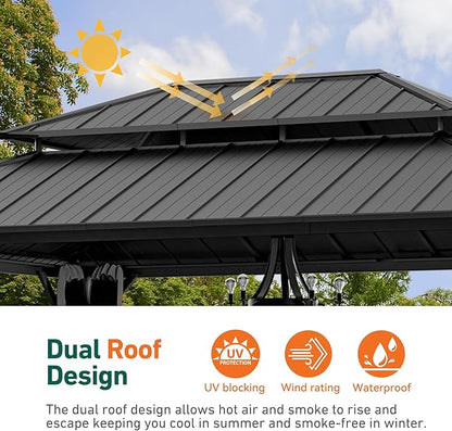 Modern Shade The Horizon Hardtop Gazebo 12' x 16' with 4 LED Lights, Permanent Outdoor Gazebo with Galvanized Steel Double Roof, Grill Pavilion with Decor Hooks, Mosquito Nettings, Black