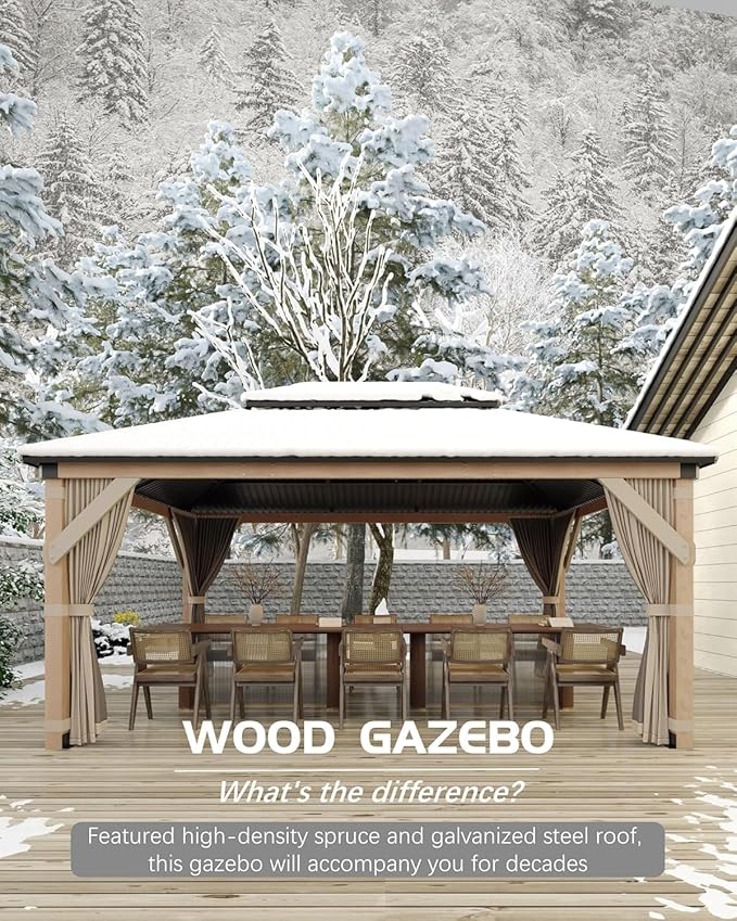 GAOMON Hardtop Spruce Wood Gazebo 12'x16', with Double Roof of Metal Sheets, 4.7'' Heavy Duty Poles, Net, and Curtain, Permanent Building for Patio, Deck, Backyard, Lawn, and Garden, Khaki