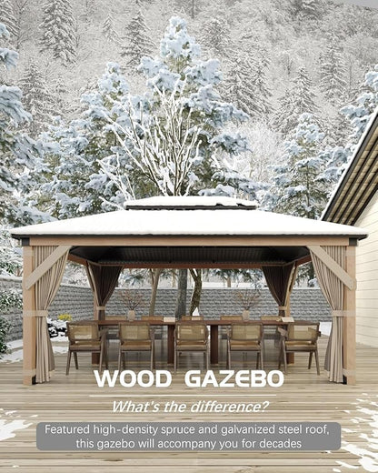 GAOMON Hardtop Spruce Wood Gazebo 12'x16', with Double Roof of Metal Sheets, 4.7'' Heavy Duty Poles, Net, and Curtain, Permanent Building for Patio, Deck, Backyard, Lawn, and Garden, Khaki