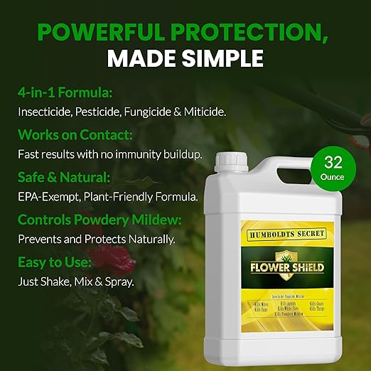 Humboldts Secret Flower Shield | Insecticide, Pesticide, Miticide, Fungicide | Bug Spray for Plants | Spider Mite & Powdery Mildew Control | Indoor & Outdoor | Houseplant & Garden | 32 Ounce