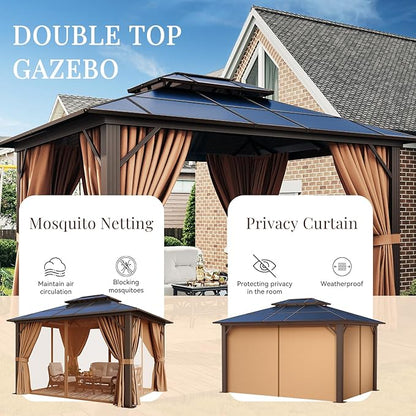 10'x12' Hardtop, Double Roof Gazebo, Aluminum Frame Permanent Pavilion with Netting and Curtains, Outdoor Polycarbonate Gazebo, for Patios, Gardens, Lawns