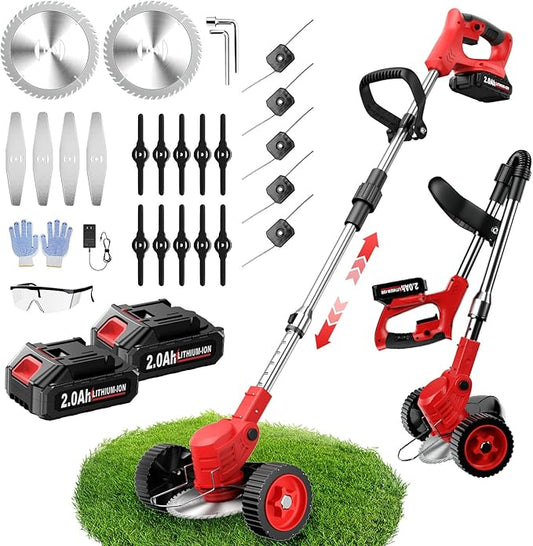 Cordless Weed Wacker, Electric Weed Eater with 4 Types of Blades & 2 * 2.0Ah Batteries, Lightweight Brush Cutter Foldable String Trimmer, Battery Powered Lawn Mover for Lawn Yard (Red)