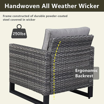 Wicker Outdoor Patio Furniture Set - 5 Piece Patio Conversation Set with 2 Wicker Armrest Chairs,2 Rattan Ottoman and 1 Metal Side Table for Outside Porch Deck Backyard Garden(Mixed Grey/Grey)