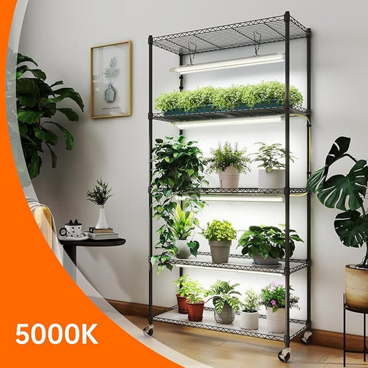 Bstrip Plant Shelf with Grow Lights, 5-Tier Plant Stand with T8 24W Grow Light for Indoor Plants with Wheel, 5000K Full Spectrum LED Plant Light with Timer for Seedling, Seed Starting, 29.5x13.8x59IN