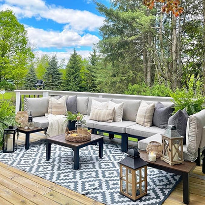 Sophia & William 6 Pieces Outdoor Patio Furniture Set, Metal Sectional Sofa Set Patio Conversation Set-2 x Single Sofa with Side Table,1 x Loveseat,2 x Single Couch,1 x Tea Table(Beige Grey)