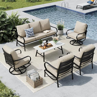 MFSTUDIO 6 Pieces Metal Patio Furniture Sets, 2 Swivel Chairs, 3-Seat Loveseat Sofa, 2 Patio Chairs & 1 Marbling Coffee Table, All Weather 7 Seats Outdoor Conversation Set for Garden Backyard, Beige