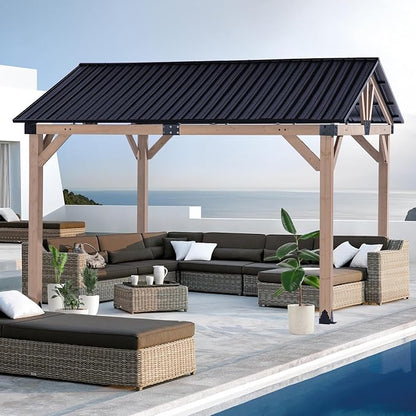 CHARMELEON Wood Gazebo 10x12 FT – Hardtop Metal Roof Patio Cedar Gazebo with Wood Frame for Outdoor– Gable Roof Pavilion para Patio, Backyard, Deck, Lawn and Garden