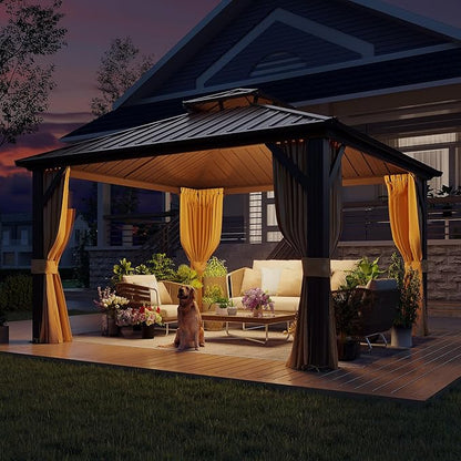 YOLENY 10' x 10' Hardtop Gazebo, Metal Gazebo with Aluminum Frame, Double Galvanized Steel Roof, Curtains and Netting Included, Pergolas for Patios, Garden, Parties, Lawns