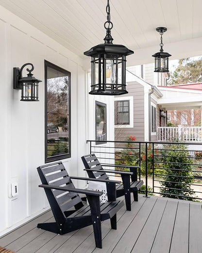 VIANIS Outdoor Pendant Lights for Porch, Black Exterior Hanging Lanterns Outdoor, Aluminum Farmhouse Ceiling Light Fixture, Waterproof Tempered Seed Glass Chandelier for Gazebo