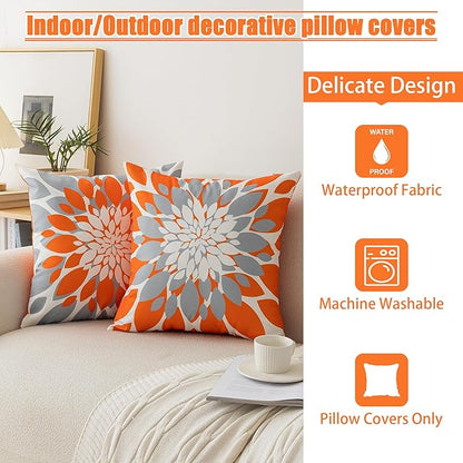Qahing Pack of 4 Fall Outdoor Waterproof Pillow Covers 20x20 Decorative Outdoor Throw Pillows Garden Square Cushion Cases for Patio Furniture, Couch, Tent Sunbrella, Bench, Orange Grey