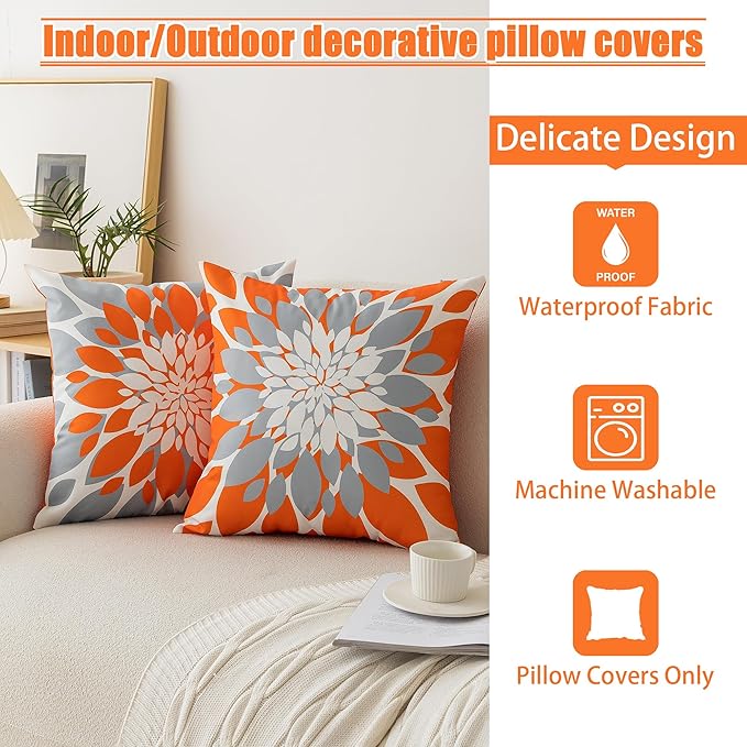 Qahing Pack of 4 Fall Outdoor Waterproof Pillow Covers 16x16 Decorative Outdoor Throw Pillows Garden Square Cushion Cases for Patio Furniture, Couch, Tent Sunbrella, Bench, Orange Grey