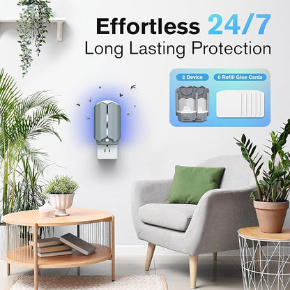 2 Flying Insect Traps & 6 Refill Glue, Fly Trap Indoor, Safe & Quiet Bug Catcher for Fruit Flies, Gnats, Mosquitoes, Moths & Small Insects with UV Light
