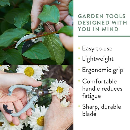 Modern Sprout Hand Pruners & Shears Set - Lightweight Gardening Tools W/Easy Lock - Sharp Carbon Steel Blades -Rust Resistant Scissors for Herbs, Flowers - Reusable Holster - Lavender