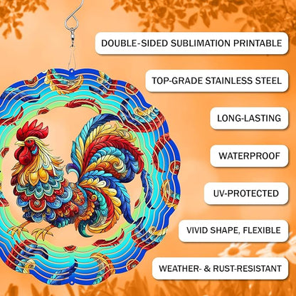 Rooster Wind Spinner, 3D Hanging Stainless Steel Garden Spinner, Wind Spinner Hanging for Outdoor & Indoor Décor, Unique Gifts for Yard Garden Decoration or Patio Décor (Rooster)