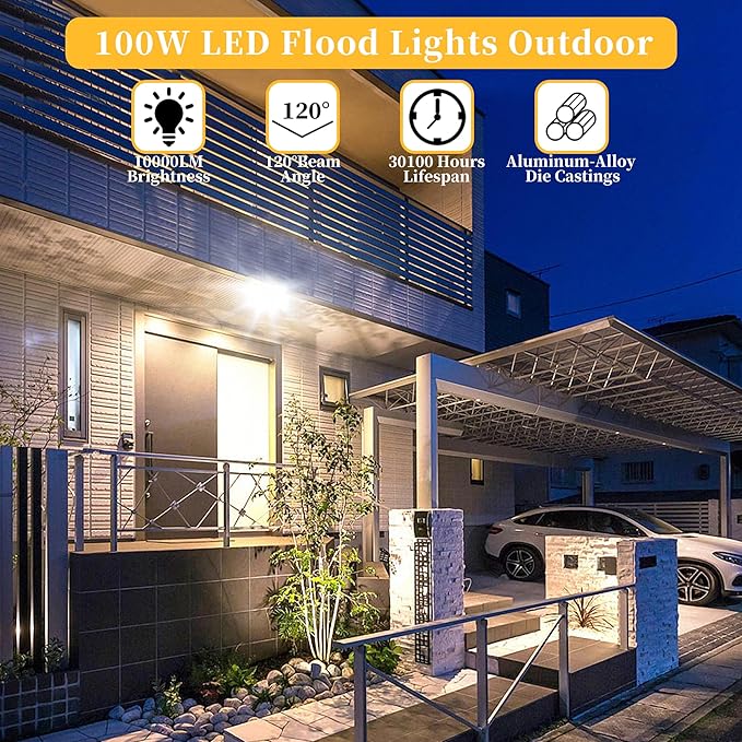 4 Pack 100W LED Flood Lights Outdoor, 10000 LM Super Bright Security Lights, Portable IP66 Waterproof LED Work Light with Plug, 6000K Daylight White Floodlights for Garage Yard Garden Playground