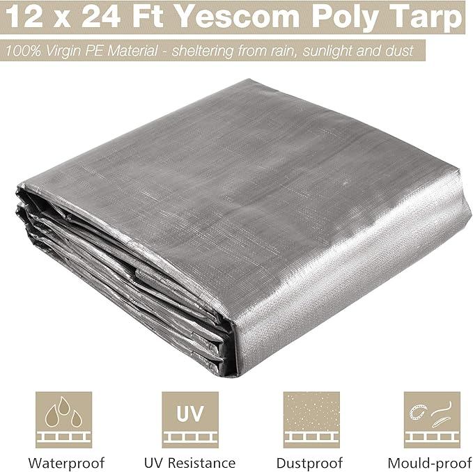 Yescom 12x24 Ft 10 Mil Poly Tarp Protective Cover Tarpaulin Heavy Duty Reversible Silver Black Tarps