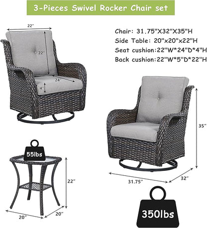 Outdoor Patio Swivel Rocker Chairs - 3 Piece Patio Bistro Set, Wicker Patio Furniture Set with 2 Swivel Rocking Chairs and 1 Glass Top Side Table for Deck Porch Garden, Brown/Grey