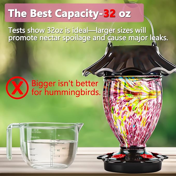 LUJII Solar Powered Hummingbird Feeder for Outside Hanging, Trophy Shaped Hand Blown Glass, Weatherproof, Lighted Lantern for Garden Decor, 32 fl.oz, Never Leak, Unique Gift for Bird Lover(Purple)