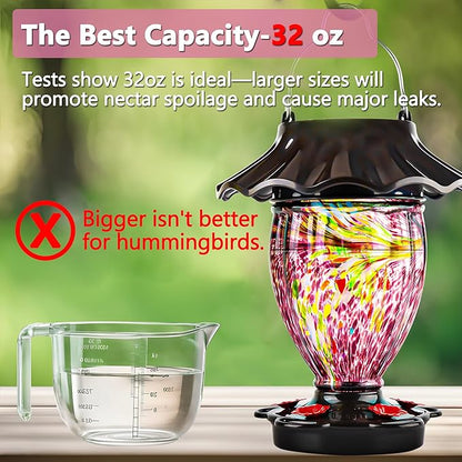 LUJII Solar Powered Hummingbird Feeder for Outside Hanging, Trophy Shaped Hand Blown Glass, Weatherproof, Lighted Lantern for Garden Decor, 32 fl.oz, Never Leak, Unique Gift for Bird Lover(Purple)