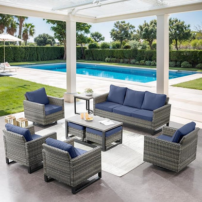 9 Piece Wicker Patio Furniture Set - Outdoor Swivel Rocker Chairs Set with Coffee Table, Rattan Chairs, 3 Seat Sofa & Ottomans, Patio Conversation Sets for Bcakyard Deck - Grey/Blue