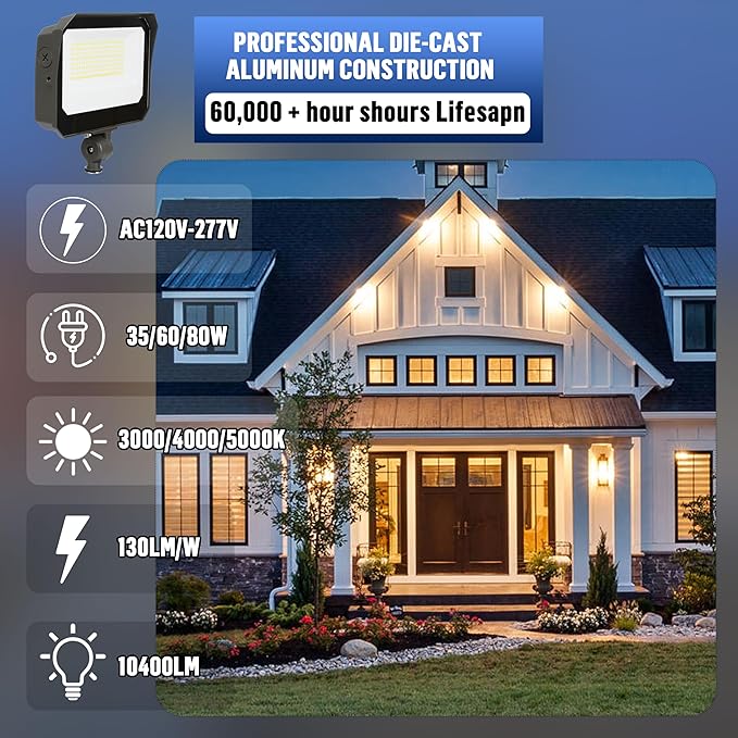 LAMPHOME LED Flood Lights Outdoor 35/60/80W and 3000/4000/5000K Adjustable 10400Lm,Dusk-to-Dawn Sensor o Dawn Flood Light for Yard, Garage, Garden,UL Listed,Includes Include Yoke Mount