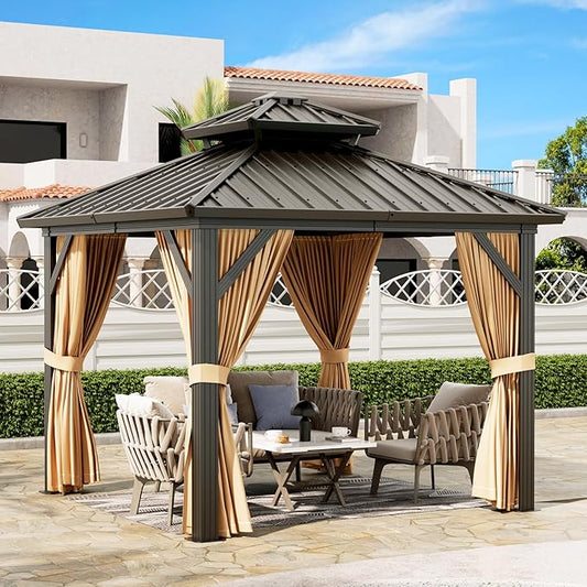 10'x10' Hardtop Gazebo, Heavy Duty Aluminum Permanent Hardtop Gazebo Outdoor Pavilion with Curtains and Netting for Garden (Khaki, 10'x10')