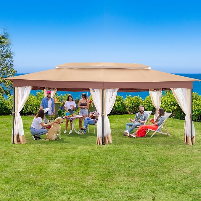 COBIZI Gazebo 12x20 Heavy Duty Gazebos with Improved Nettings Outdoor Gazebo Canopy Double Roof Patio Gazebos with Metal Steel Frame for Patio, Garden, Backyard (Khaki)