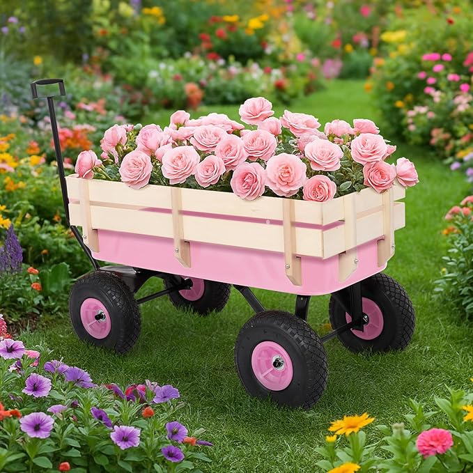 Outvita All-Terrain Cargo Wagon with 10'' Air Tires, Steel Structure Wagon with Removable Wooden Side Panels for Kids, Garden and Cargo, Up to 220lbs Capacity, 38'' L x 19'' W x 31'' H (Pink)