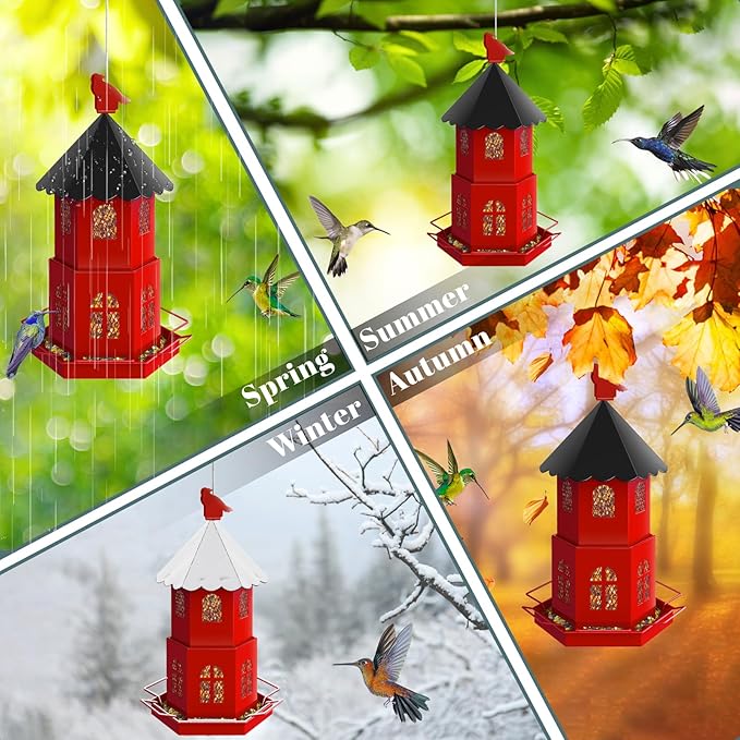 Bird Feeders for Outdoors Hanging, ULENDIS Metal Bird feeders for Outside Attracting Wild Birds, Installation-Free Large Bird Feeder for Garden Cardinal Finch Blue Jay (Red)