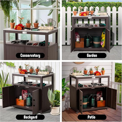 Garden Potting Bench with Storage Cabinet,Outdoor Gardening Table & Work Bench for Plants, Horticulture,Outdoor Workstation with Stainless Steel Tabletop,Outdoor Work Table