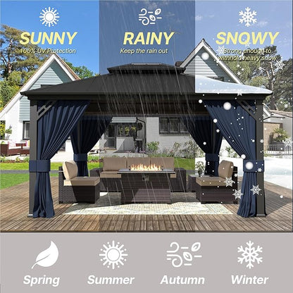 Gotland 2024 New 12' x 20' Hardtop Gazebo, Outdoor Iron Metal Double Roof Pergola with Curtains and Netting for Patio, Garden, Lawn, Navy