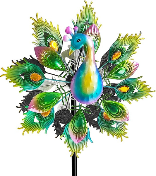 Outdoor Peacock Wind Spinners Featuring Glittering Gem Decor, 13.5" D x 65" H Double Layer Kinetic Wind Sculptures, 360° Rotatable Metal Garden Wind Spinners for Yard and Outdoor Decor Blue