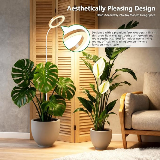 Full Spectrum Grow Light with Stand for Indoor Plants, Floor Plant Light, 6/12/18H Timer, 3 Color Modes, Adjustable Height 16.5–68in, for Large Plants & Home Décor(1 Head,Faux Wood Grain)