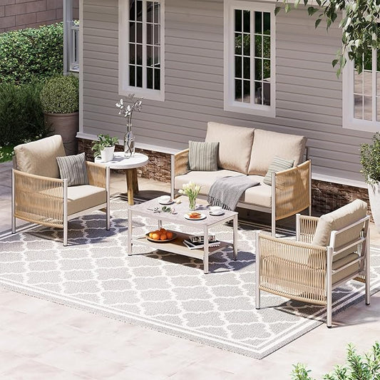 Aluminum Outdoor Patio Furniture Set, HDPE Rope 4 Piece Modern Sectional Conversation Sets with Dual-Layer Coffee Table, All Weather Patio Couch Sofa with Thick Cushions, Silver Frame, Beige