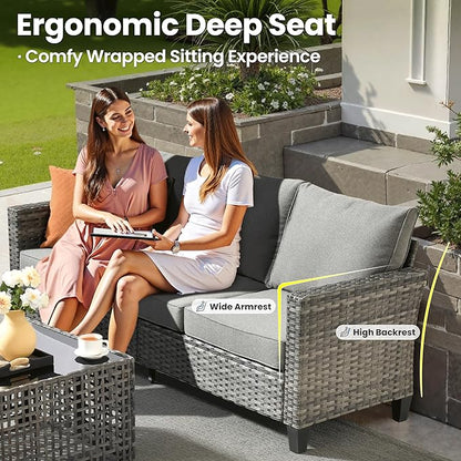 ovios 10 Pieces Patio Furniture Set with Swivel Chairs Rocking Gliders, 54" Fire Pit Table, Outdoor Sofa Couch with Solar Lights Table, Modern Deep Seat Wicker Rattan Conversation Set, Dark Grey