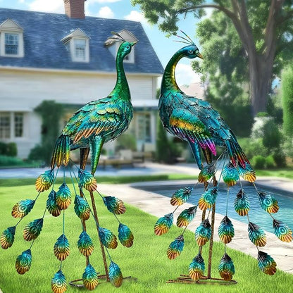 Kircust Metal Peacock Sculptures - Set of 2 Outdoor Garden Yard Art, Durable Weather-Resistant Lawn Statues, Hand-Painted, 30.7" H - Ideal for Backyard, Patio, and Porch Decor