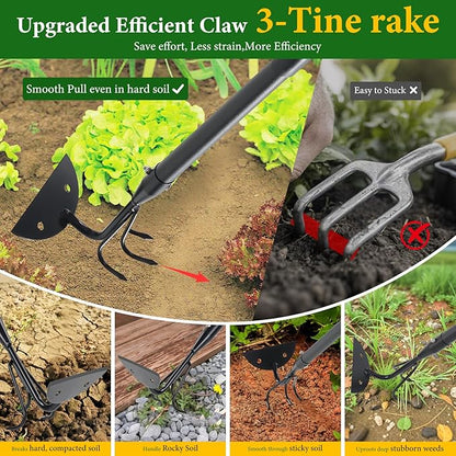2 in 1 Hoe Garden Tool for Weeding& Cultivator - 52 inch Heavy Duty Garden Hoe with Upgraded Claw 3-Tine Tiller Rake,Long Handle Weed Grass Removal Tools for Gardening,Soil Loosening,Planting,Digging