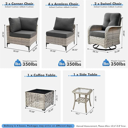 Outdoor Sectional Patio Furniture Set with Swivel Rocking Chairs,10 Pieces Wicker Conversation Sets L Shaped Couch Out Door Sofa Set Outside Furniture for Garden Deck Yard Porch,Black,