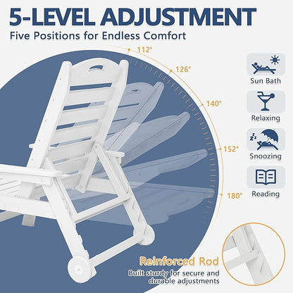 Patio Chaise Lounge Chair, HDPE Outdoor Lounge Chairs with 5-Position Adjustable Backrest, Cup Holder and Wheels, 450lbs Capacity for Poolside Deck Backyard, All Weather Material(White)