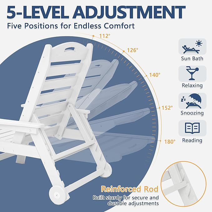 Patio Chaise Lounge Chair Set of 4, HDPE Outdoor Lounge Chairs with 5-Position Adjustable Backrest, Cup Holder and Wheels, 450lbs Capacity for Poolside Deck Backyard, All Weather Material(White)
