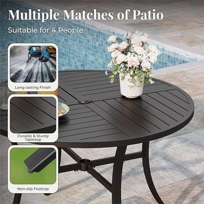 Patio Table and Chairs Set for 4, 5 Pieces Outdoor Dining Set, 4 Red Textilene Chairs and 42" Metal Round Table with Umbrella Hole, for Deck Garden Backyard Lawn Poolside