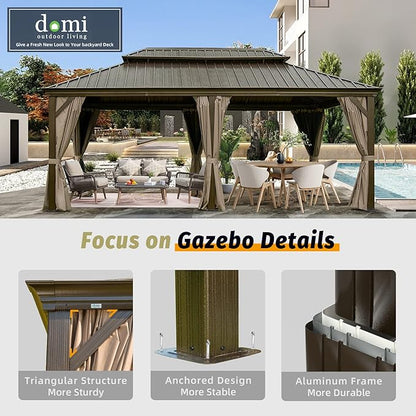 Domi Outdoor Living 12’ X 20’ Hardtop Gazebo, Outdoor Aluminum Frame Canopy with Galvanized Steel Double Roof, Outdoor Permanent Metal Pavilion with Curtains and Netting for Patio, Backyard and Lawn