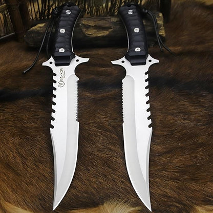 BA-KOR (15.8 inches) 5mm full Tang 9CR18MOV steel nylon fiber handle Bowie knife + sheath + (5.9 inches) cerium element striker, suitable for outdoor hunting, camping, survival, and daily carry of tools. (Sanding I (Half Teeth))