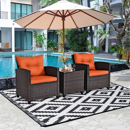 ORALNER 3 Pieces Patio Furniture Set, Outdoor Wicker Conversation Set Rattan Chairs with Cushions, Glass Coffee Table, Bistro Set for Front Porch Balcony Garden Deck Poolside (Orange)