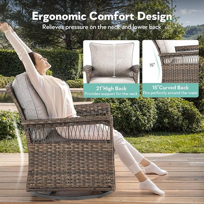 Outdoor Swivel Glider Chairs - 3 Pieces Hollow Widen Armrests Wicker Patio Furniture Set with Side Table, High Back Outside Swivel Rocker for Balcony Porch Deck and Yard - Brown/Beige