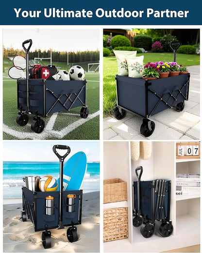 Lightweight Folding Wagon, Large Capacity Collapsible Grocery Cart on Big Wheels, Heavy Duty Foldable Shopping Carts, All-Terrain Outdoor Utility Carts, 4.5 Cu Ft, Blue