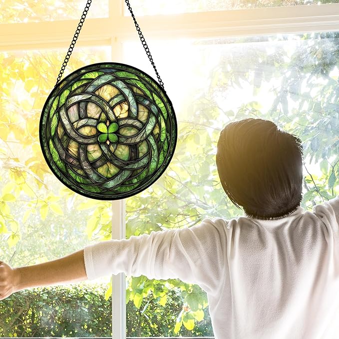 Stained Glass Window Hanging, Abstract Green Clover Sun Catchers Colorful Glass Panel Bless Suncatcher Decor for Birthday for Women, Men, Wife, Aunt, and Mom 9.8 in